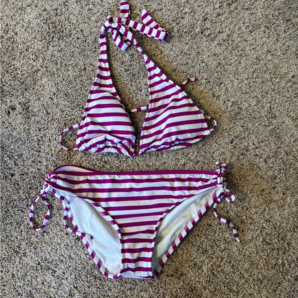 Purple and white strip halter bikini